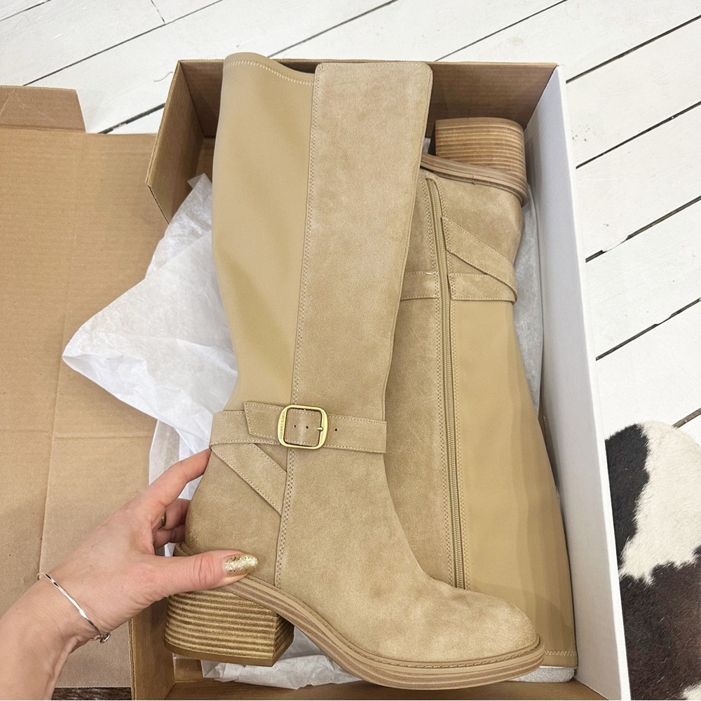 VINCE CAMUTO Vivi taupe suede boot with elasticized panel. Size 9.5.